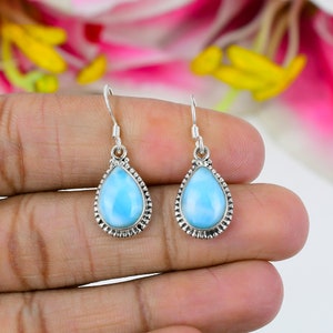Genuine Republic Larimar Earrings, 925 Solid Sterling Silver Gemstone Earrings, Handmade Silver Pear Ocean Larimar Earrings, Larimar Jewelry
