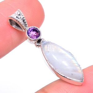 Natural Rainbow Moonstone & Amethyst Pendant Necklace, June Cancer Birthstone Jewelry, Handmade Moonstone Pendant, Amethyst Pendant For Her