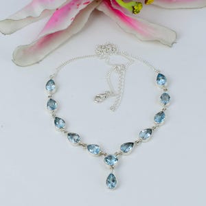 Blue Topaz Necklace, 925 Solid Sterling Silver Gemstone Necklace, Chain Necklace, Adjustable Necklace, Silver Topaz Necklace For Women