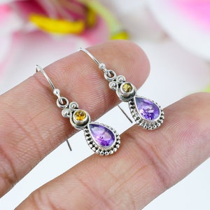Genuine Amethyst Earrings, Citrine Earrings, 925 Solid Sterling Silver Gemstone Earrings, Two Stone Earring, Dangle Earring, Gift For Women