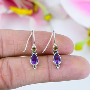 Genuine Amethyst Earrings, Citrine Earrings, 925 Solid Sterling Silver Gemstone Earrings, Two Stone Earring, Dangle Earring, Gift For Women
