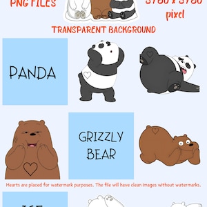 Op de afbeelding: 100 We Bare Bears PNG-bestanden met transparante achtergronden. De set bevat Panda, Grizzly Bear en Ice Bear in verschillende poses. Elke afbeelding is 3780 x 3780 pixels.