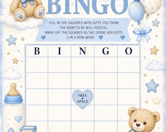 Babyshower Cadeau Bingo | Thema: Teddybeer voor een babyjongen | Printbare babyshoweractiviteit (direct te downloaden)