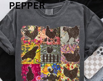 Boho Farmhouse Chicken T-Shirt: Retro Floral Patchwork Tee