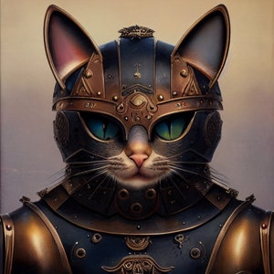 Gato caballero - Papel para decoupage grande tamaño A1 - armadura, surrealista, armadura, steampunk