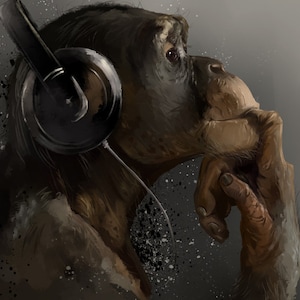 Chimpansee met koptelefoon - A1-formaat groot knippapier