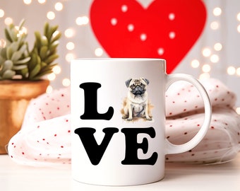 Mops Kaffeebecher, Retro Mops Liebe Tasse, Aquarell Haustier Porträt, Kaffeetasse für Hundemamas
