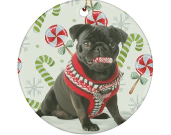 Pug christmas ornament, hanging ornaments for christmas tree, black pug ornament, gift ideas for dog lovers