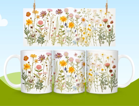 Pressed flowers coffee mug, boho flower mug, vintage floral mug, gardening gift