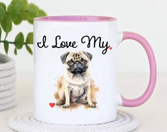 Niedliche Mops Kaffeetasse, ich liebe meinen Mops Tasse für Hundeliebhaber, Aquarell Haustier Porträt 2 Ton Teetasse, Geschenkideen für Hundemütter