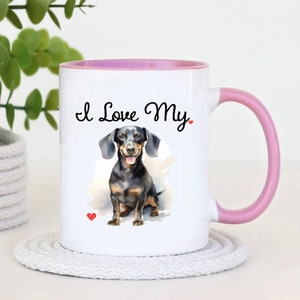 Dachshund Coffee Mug, I Love My Weiner Dog Cup, Watercolor Pet Portrait Teacup, Black Weiner Dog Gifts for Dog Lovers