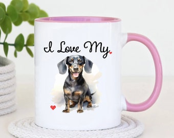 Dachshund Coffee Mug, I Love My Weiner Dog Cup, Watercolor Pet Portrait Teacup, Black Weiner Dog Gifts for Dog Lovers