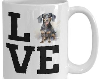 Dachshund Coffee Mug, Retro Love Cup for Dog Lovers, Watercolor Pet Portrait, Black Weiner Dog Teacup for Dog Moms