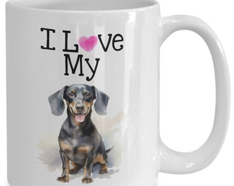 Dachshund Coffee Mug, I Love My Weiner Dog Cup, Watercolor Pet Portrait, Dog Lover Teacup, Mothers Day Gift Ideas for Dog Moms