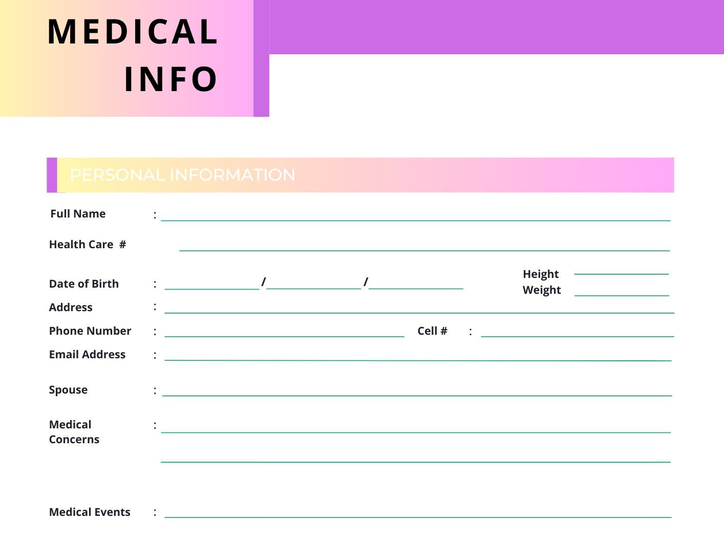 Medical Information Sheet Letter Size Health Info Worksheet - Etsy