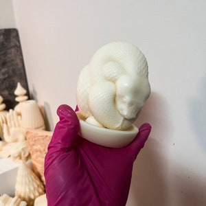 Peut inclure: Une sculpture de serpent blanc cassé enroulé sur une petite coupelle blanche ronde. Les écailles du serpent sont détaillées et sa tête est légèrement relevée. La sculpture est tenue par une personne portant un gant rose. D'autres sculptures sont en arrière-plan.