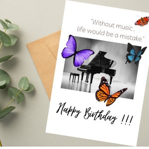 Gelukkige verjaardag, pianomuziekkaart, kaart voor muzikant, muzikale wenskaart, kaart met verrassing, pianomuziekliefhebberkaart, muziekleraar cadeau