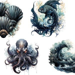 May include: Watercolor illustrations of marine life, including three stylized seashells, a fish with flowing fins, an octopus, and a crashing wave. The artwork features a dark blue and teal color palette with intricate details.
