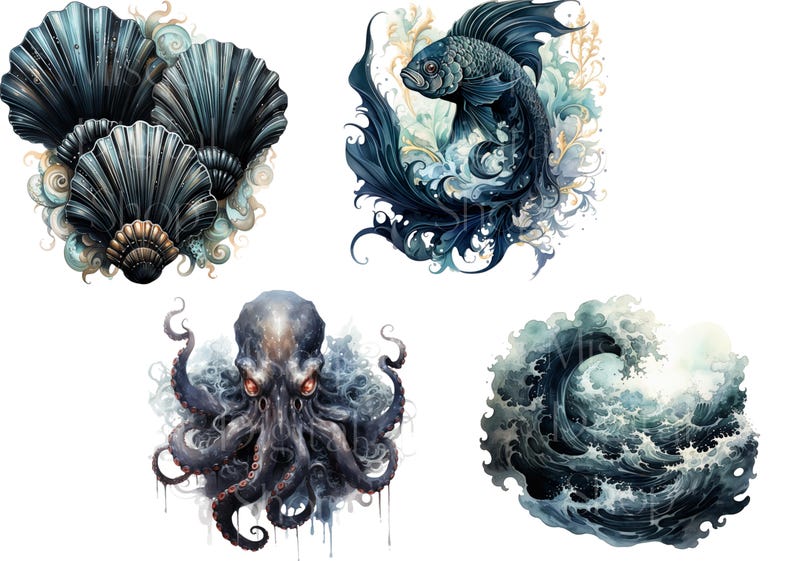 May include: Watercolor illustrations of marine life, including three stylized seashells, a fish with flowing fins, an octopus, and a crashing wave. The artwork features a dark blue and teal color palette with intricate details.
