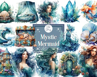 Conjunto de imágenes prediseñadas de sirena mística: 132 imágenes PNG de océanos fantásticos (descarga digital)