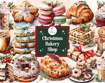 Könnte beinhalten: Eine Aquarell-Illustration eines Weihnachtsbäckereiladens mit verschiedenen Backwaren, darunter Lebkuchen, Croissants, Donuts und Kuchen. Die Illustration zeigt eine festliche Farbpalette in Rot, Grün und Weiß.