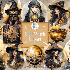 Watercolor Gold Witch Clipart Bundle for Digital Planner Stickers Witchy Sticker Sheet Witchcraft Png Design Halloween Witch Sticker Pack