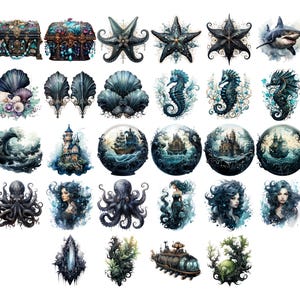 May include: A collection of watercolor illustrations featuring nautical and fantasy themes. Includes treasure chests, starfish, sharks, seashells, seahorses, ocean waves, castles, ships in glass globes, octopuses, mermaids, and decorative elements.