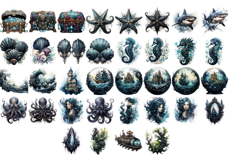 May include: A collection of watercolor illustrations featuring nautical and fantasy themes. Includes treasure chests, starfish, sharks, seashells, seahorses, ocean waves, castles, ships in glass globes, octopuses, mermaids, and decorative elements.