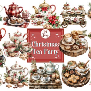May include: A watercolour illustration of a Christmas Tea Party, featuring teapots, teacups, and festive treats. The image includes the text "Christmas Tea Party" in a red frame, ideal for seasonal designs and crafts.