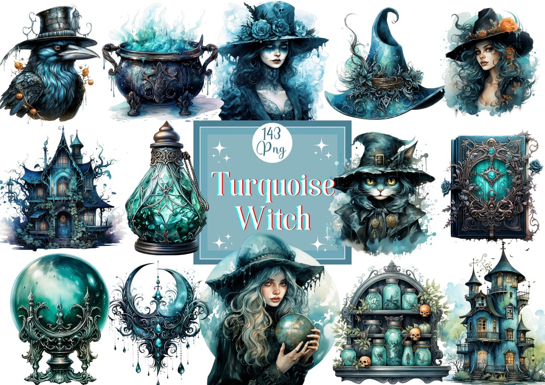 Watercolor Turquoise Witch Clipart Bundle: Floral Fantasy PNG Graphics ...