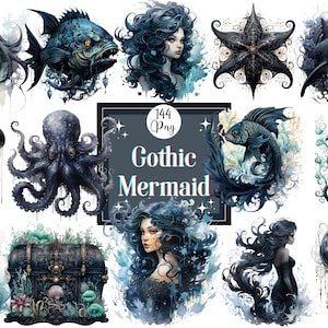 May include: A collection of dark watercolor illustrations featuring gothic mermaid themes. The images include an octopus, fish, a mermaid, a starfish, a shark, a jellyfish, a seahorse, a castle, and a treasure chest.