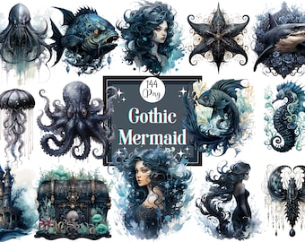 Gothic Mermaid Clipart Bundle: Spooky Dark Fantasy PNG (Digital Download)