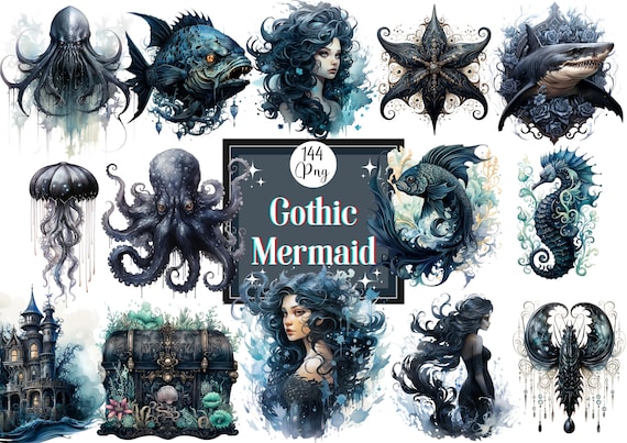 Gothic Mermaid Clipart Bundle: Spooky Dark Fantasy PNG (Digital Download)