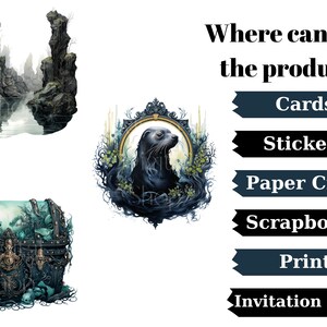 May include: Watercolor illustrations featuring a fantasy landscape, a seal portrait in a decorative frame, and a treasure chest. Text indicates the images are suitable for cards, stickers, paper crafts, scrapbooks, prints, and invitation cards.