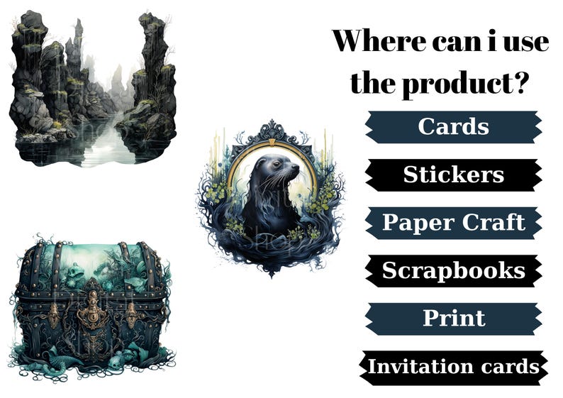 May include: Watercolor illustrations featuring a fantasy landscape, a seal portrait in a decorative frame, and a treasure chest. Text indicates the images are suitable for cards, stickers, paper crafts, scrapbooks, prints, and invitation cards.
