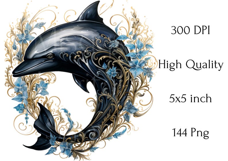 May include: A detailed illustration of a dolphin with intricate black and gold filigree. The dolphin is surrounded by blue floral accents. The image is labeled "300 DPI", "High Quality", and "5x5 inch".