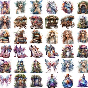 Pu&ograve; includere: Una collezione di illustrazioni digitali con elementi fiabeschi fantasiosi, tra cui fate, draghi, carrozze, castelli, funghi, farfalle e libri. Le illustrazioni sono dipinte in uno stile ad acquerello con colori vivaci.