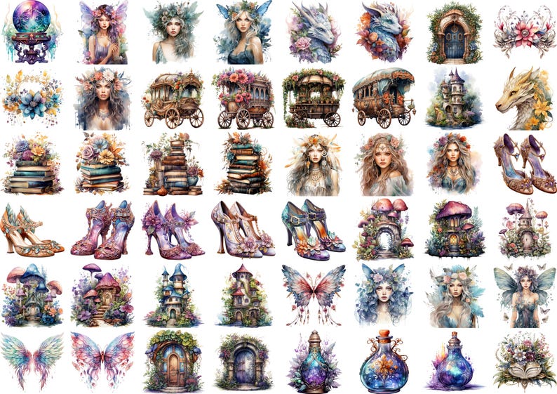 Pu&ograve; includere: Una collezione di illustrazioni digitali con elementi fiabeschi fantasiosi, tra cui fate, draghi, carrozze, castelli, funghi, farfalle e libri. Le illustrazioni sono dipinte in uno stile ad acquerello con colori vivaci.