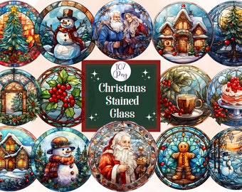 May include: A set of 107 Christmas stained glass illustrations featuring various festive themes, including a snowman, a gingerbread house, a Christmas tree, Father Christmas, and a gingerbread man. The illustrations are in a circular format and have a colourful, stained glass effect.