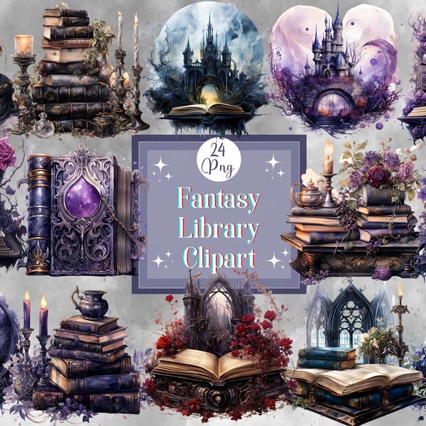 Watercolor Gothic Fantasy Library Clipart for Scrapbooks Mystical Clipart Bundle for Digital Planner Open Book Clipart Fantasy Books Clipart