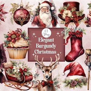 Bundle de cliparts Noël bordeaux élégant aquarelle Noël graphiques Scrapbooking et carte de Noël numérique planificateur vacances graphiques cosy