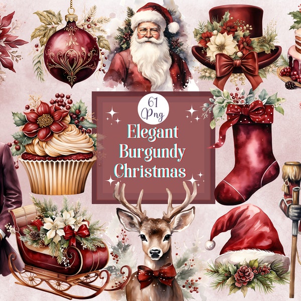 Aquarel elegante Bourgondische kerst clipart bundel kerst graphics scrapbook en digitale planner kerstkaart vakantie gezellige graphics