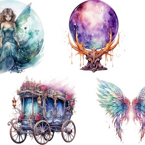 Pu&ograve; includere: Dipinto ad acquerello di quattro elementi fantastici: una fata con ali blu, una carrozza con un design blu e oro, una sfera di cristallo su un supporto di corna d'oro e un paio di ali iridescenti.