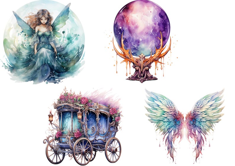 Pu&ograve; includere: Dipinto ad acquerello di quattro elementi fantastici: una fata con ali blu, una carrozza con un design blu e oro, una sfera di cristallo su un supporto di corna d'oro e un paio di ali iridescenti.