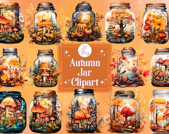 Watercolor Autumn Jar Clipart: Fall Decor PNG Designs (Digital Download)