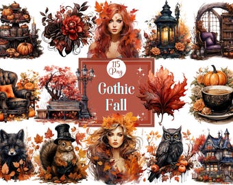 Gothic Fall Clipart Bundle: Watercolor Autumn Graphics (Free Commercial Use) (Digital Download)