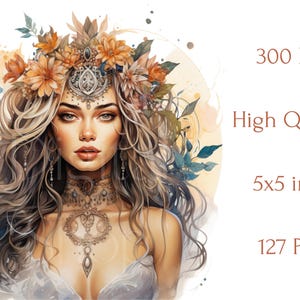 Pu&ograve; includere: Un dipinto digitale di una donna con lunghi capelli castani fluenti che indossa una corona di fiori arancioni e gialli. Ha una delicata corona d'argento e una collana con disegni intricati. Lo sfondo &egrave; un morbido acquerello arancione e giallo.