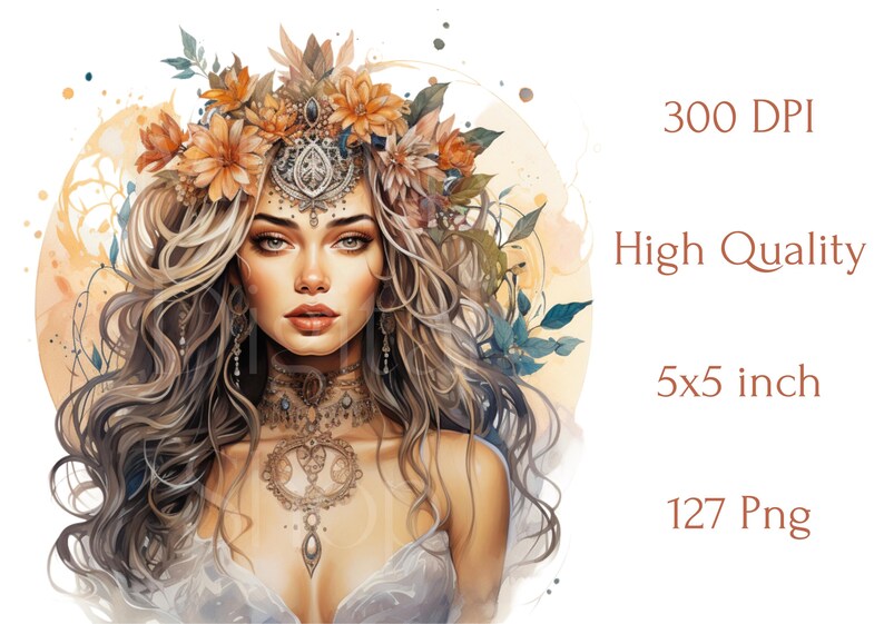 Pu&ograve; includere: Un dipinto digitale di una donna con lunghi capelli castani fluenti che indossa una corona di fiori arancioni e gialli. Ha una delicata corona d'argento e una collana con disegni intricati. Lo sfondo &egrave; un morbido acquerello arancione e giallo.