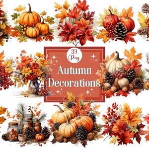 Paquete de imágenes prediseñadas de decoración otoñal en acuarela, imágenes prediseñadas de temporada de otoño, colección de otoño con follaje seco y calabaza para proyectos de bricolaje de otoño
