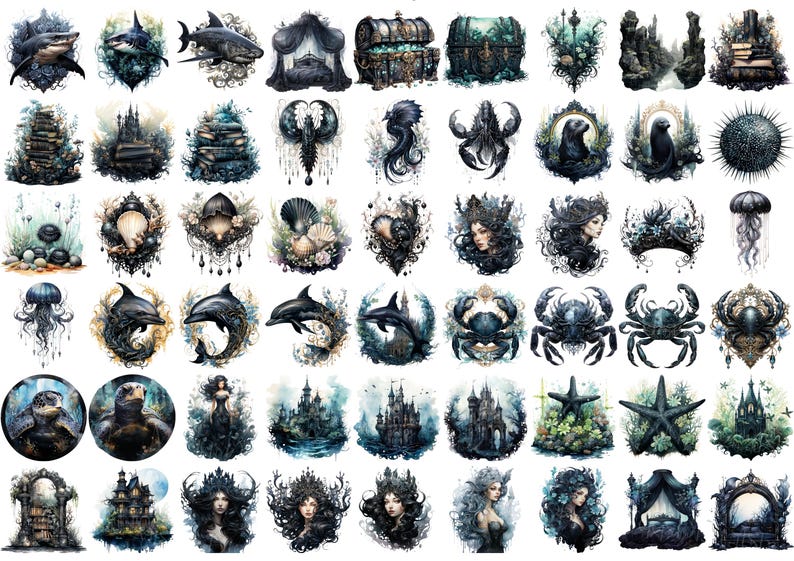 May include: A collection of watercolor illustrations featuring marine life and fantasy elements. The images include sharks, dolphins, crabs, jellyfish, castles, and portraits of women. The color palette is primarily shades of blue, black, and white.